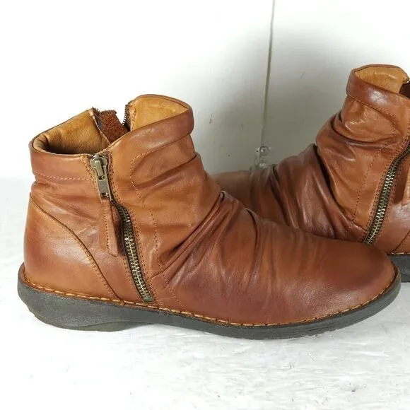 Miz Mooz Women's Pleasant US9,5 EU40 Brown Leather Ruched Side Zip Ankle Boots