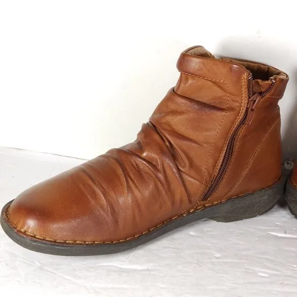 Miz Mooz Women's Pleasant US9,5 EU40 Brown Leather Ruched Side Zip Ankle Boots