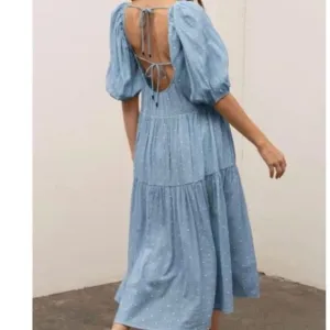 Moon River Size Medium Dress Light Blue &amp; ivory Dot Boho Peasant Cottagecore