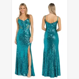 Morgan &amp; Co Colette Sequined Gown w/ Corsette Top &amp; High Slit peacock SZ 13 NEW