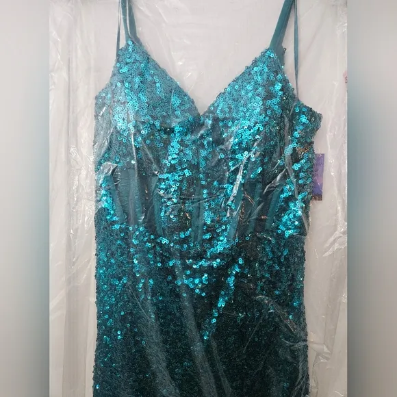 Morgan &amp; Co Colette Sequined Gown w/ Corsette Top &amp; High Slit peacock SZ 13 NEW