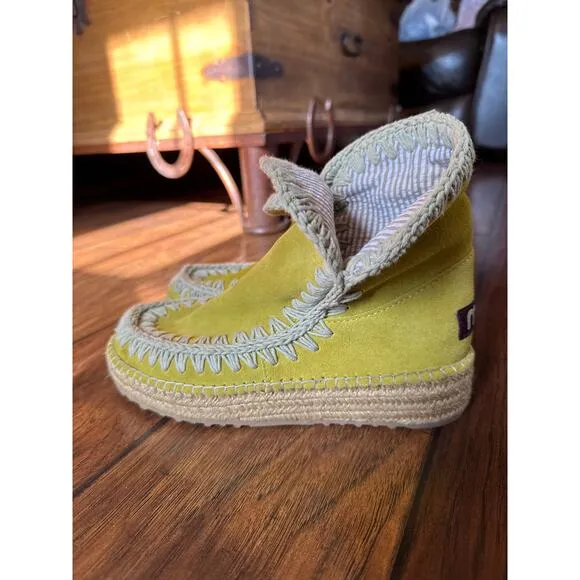 Mou Yellow Suede Leather Cloth Lined Boho Booties 36