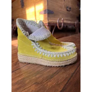 Mou Yellow Suede Leather Cloth Lined Boho Booties 36