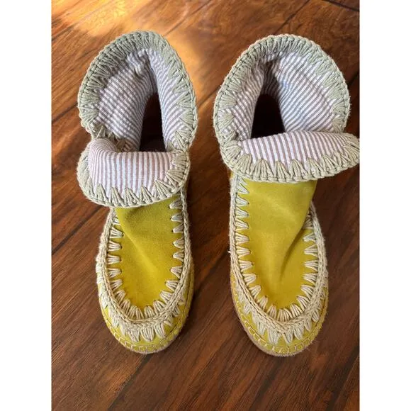 Mou Yellow Suede Leather Cloth Lined Boho Booties 36