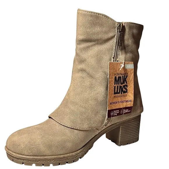 MUK LUKS Womens Lucy Lilith Boots SZ 7 NEW Taupe Mid Shaft Side Zip Block Heel