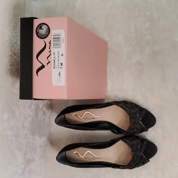 N by Nina Women's Russell Black Rhinestone and Satin Peep toe Wedges Size 7