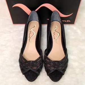 N by Nina Women's Russell Black Rhinestone and Satin Peep toe Wedges Size 7