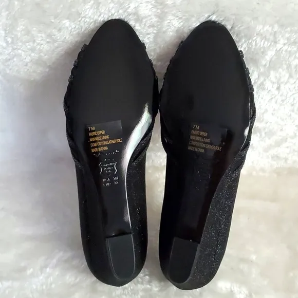 N by Nina Women's Russell Black Rhinestone and Satin Peep toe Wedges Size 7