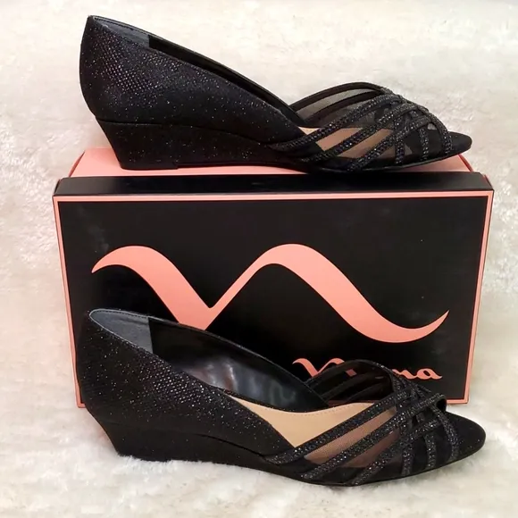 N by Nina Women's Russell Black Rhinestone and Satin Peep toe Wedges Size 7