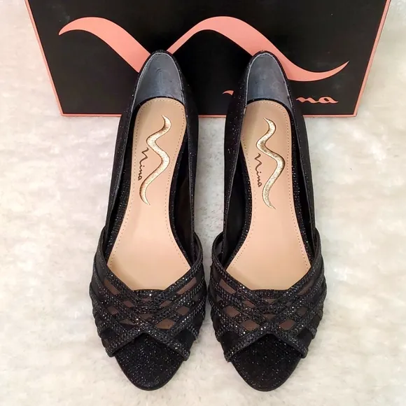 N by Nina Women's Russell Black Rhinestone and Satin Peep toe Wedges Size 7