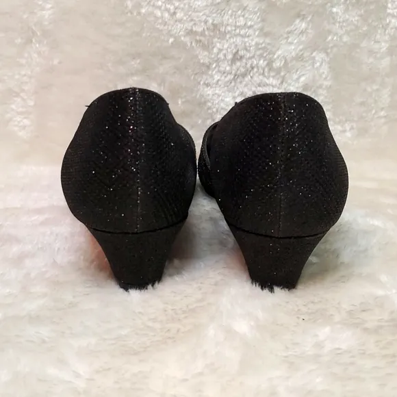 N by Nina Women's Russell Black Rhinestone and Satin Peep toe Wedges Size 7