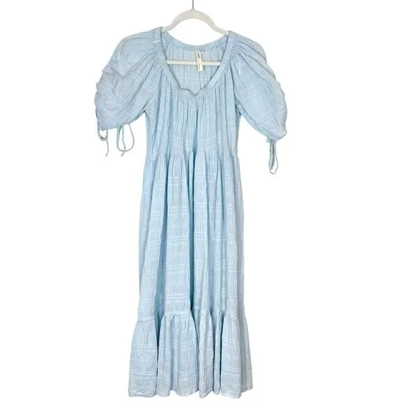 Nap Loungewear Midi Dress Puff Sleeve Small Blue Ruffle Tiered Cotton Flowy Long