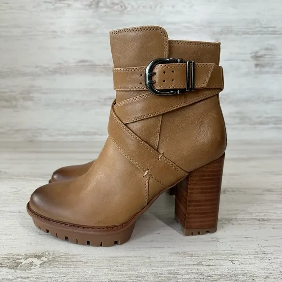 NATURALIZER LYRA Lug Sole Leather Platform Block Heel Boots 6 Tan Brown Buckle
