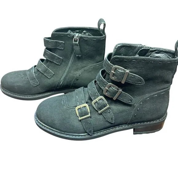 New Aerosoles Arezzo Black Faux Suede Buckle Side Zip Military Biker Boots Sz 9M