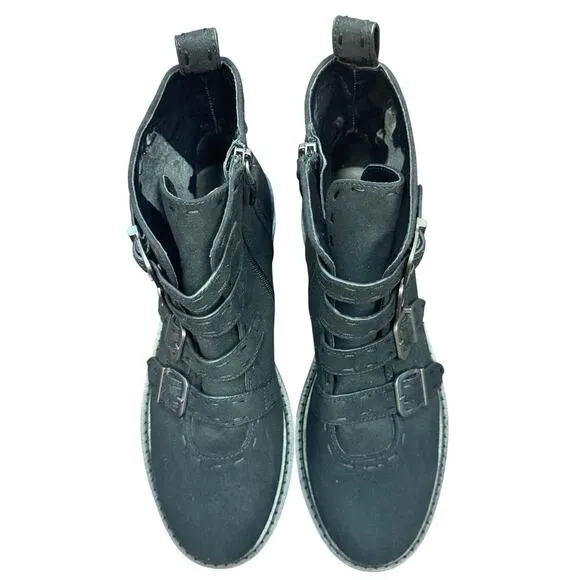 New Aerosoles Arezzo Black Faux Suede Buckle Side Zip Military Biker Boots Sz 9M