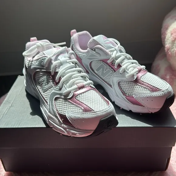 New Balance White and Light Pink Running Shoes