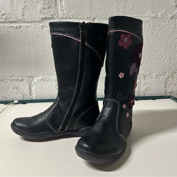 NEW BEEKO Betsey Black Boots Little Girls Sz 2 Floral Leather Stitching,Side-Zip