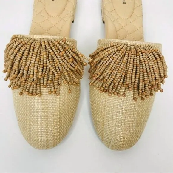New! Birdies The Songbird Raffia Beaded Tassel Slip On Mules Shoes