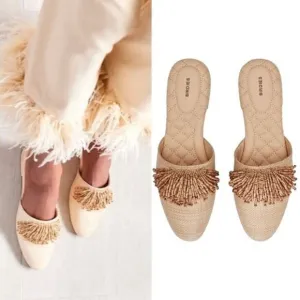 New! Birdies The Songbird Raffia Beaded Tassel Slip On Mules Shoes