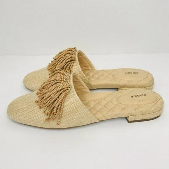 New! Birdies The Songbird Raffia Beaded Tassel Slip On Mules Shoes