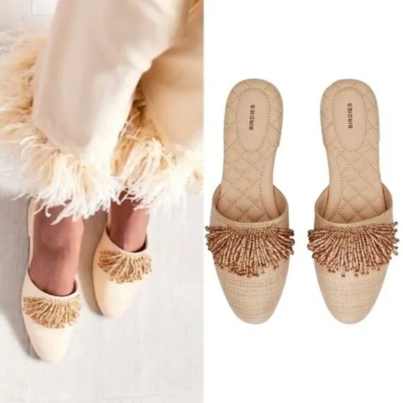 New! Birdies The Songbird Raffia Beaded Tassel Slip On Mules Shoes
