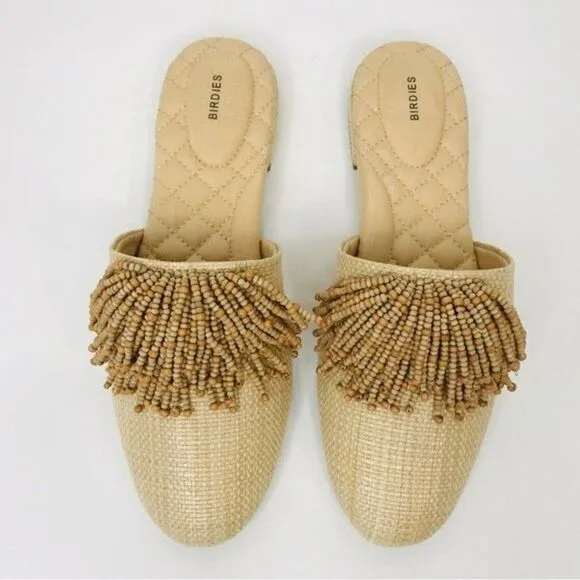 New! Birdies The Songbird Raffia Beaded Tassel Slip On Mules Shoes