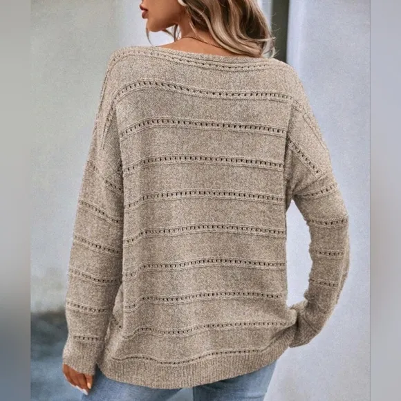 New Chic Open Knit Stripe Top Sweater Beige Tan