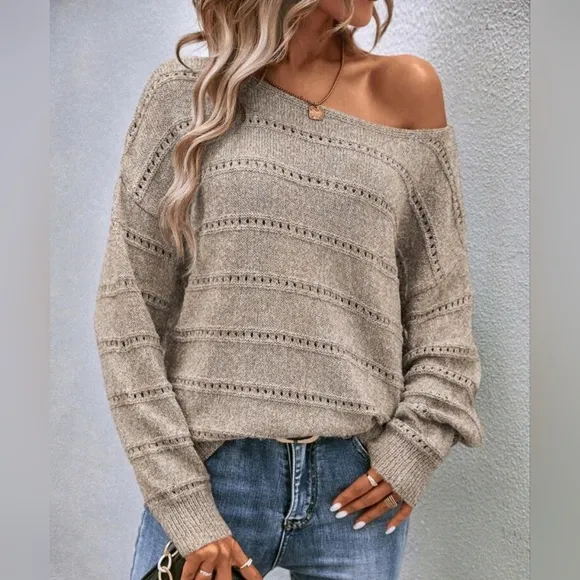 New Chic Open Knit Stripe Top Sweater Beige Tan