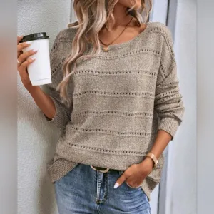 New Chic Open Knit Stripe Top Sweater Beige Tan