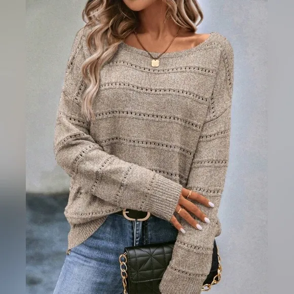 New Chic Open Knit Stripe Top Sweater Beige Tan