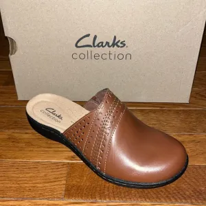 NEW Clarks Leather Laurieann Ease Slip On Mule Flats Dark Tan Women’s Size 5.5