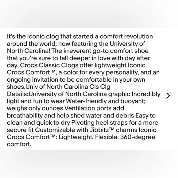 NEW [CROCS] UNC University of North Carolina Classic Crocs Unisex Sz W10/M8