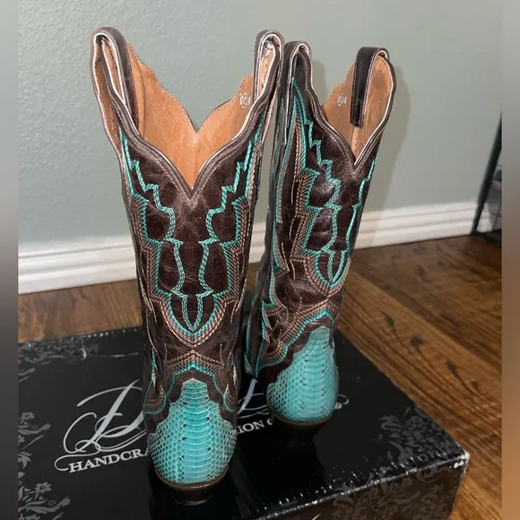 New Dan Post boots. Turquoise water snake skin and leather boots and bottom.
