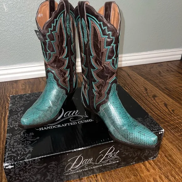 New Dan Post boots. Turquoise water snake skin and leather boots and bottom.
