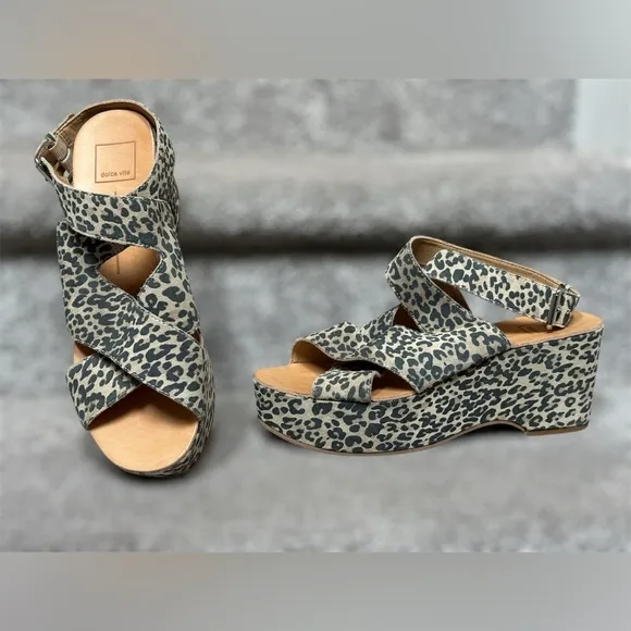NEW Dolce Vita Leather Cheetah Lenni Open-Toe Wrap Wedge Sandals - Women’s 10