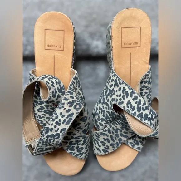 NEW Dolce Vita Leather Cheetah Lenni Open-Toe Wrap Wedge Sandals - Women’s 10