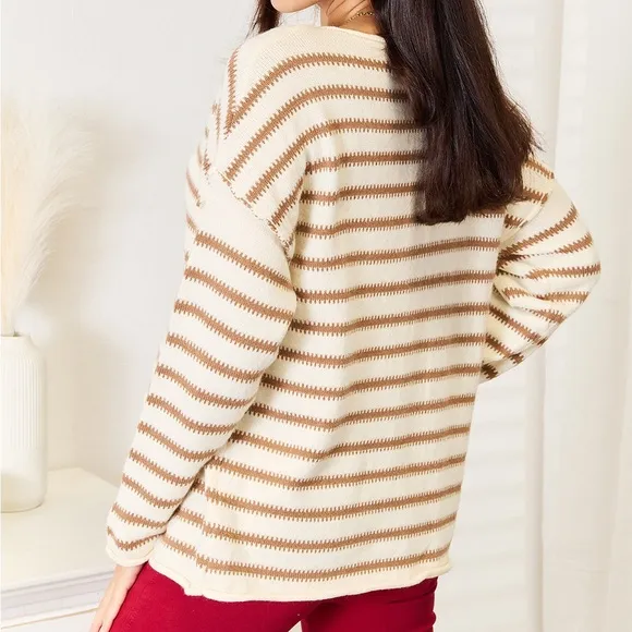 NEW Double Take Tan Striped Preppy Boat Neck Sweater