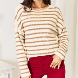 NEW Double Take Tan Striped Preppy Boat Neck Sweater