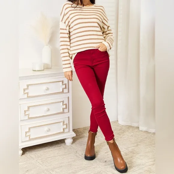 NEW Double Take Tan Striped Preppy Boat Neck Sweater
