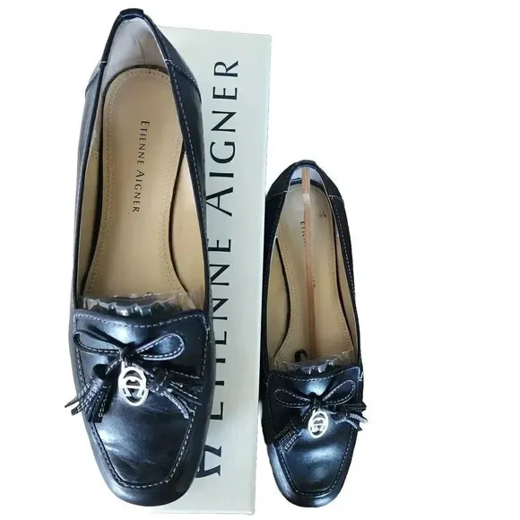 New Etienne Aigner Boat Shoes Women's Black Leather Slip On Low Top Flat Shoes