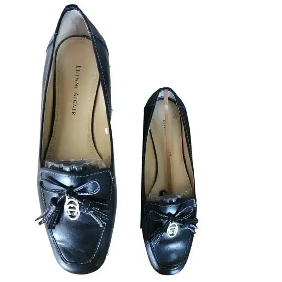 New Etienne Aigner Boat Shoes Women's Black Leather Slip On Low Top Flat Shoes