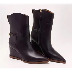 New Franco Sarto Etta‎ Leather Wedge Boots Pointed Toe Side Zip Western Black 8M
