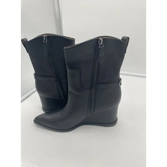 New Franco Sarto Etta‎ Leather Wedge Boots Pointed Toe Side Zip Western Black 8M