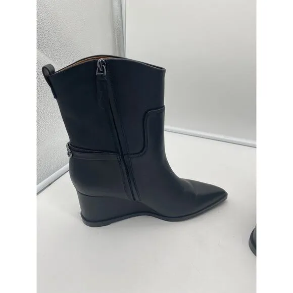 New Franco Sarto Etta‎ Leather Wedge Boots Pointed Toe Side Zip Western Black 8M