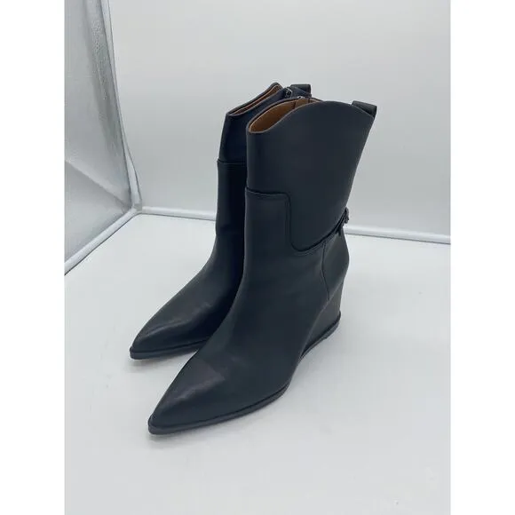 New Franco Sarto Etta‎ Leather Wedge Boots Pointed Toe Side Zip Western Black 8M