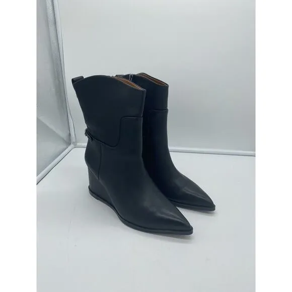 New Franco Sarto Etta‎ Leather Wedge Boots Pointed Toe Side Zip Western Black 8M