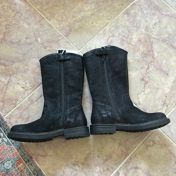 New Geox Girls MidCalf Waxed Leather Black Side Zipper Boots Size EU 28/US 10.5