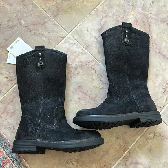 New Geox Girls MidCalf Waxed Leather Black Side Zipper Boots Size EU 28/US 10.5
