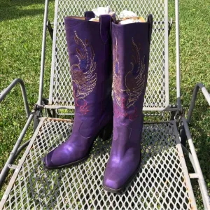 NEW GIANNI BINI Leather Purple Embroidered Western 4” Heeled Boots 9