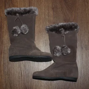 New Girls Momogrow Dark Brown Suede Leather Boots with Faux Fur Balls Toddler 11